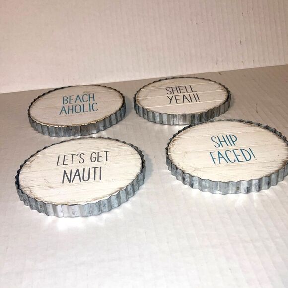 MUD PIE Drink Coaster Beach Coastal Nautical Theme Shiplap Metal Rim Gift Set - Picture 4 of 12